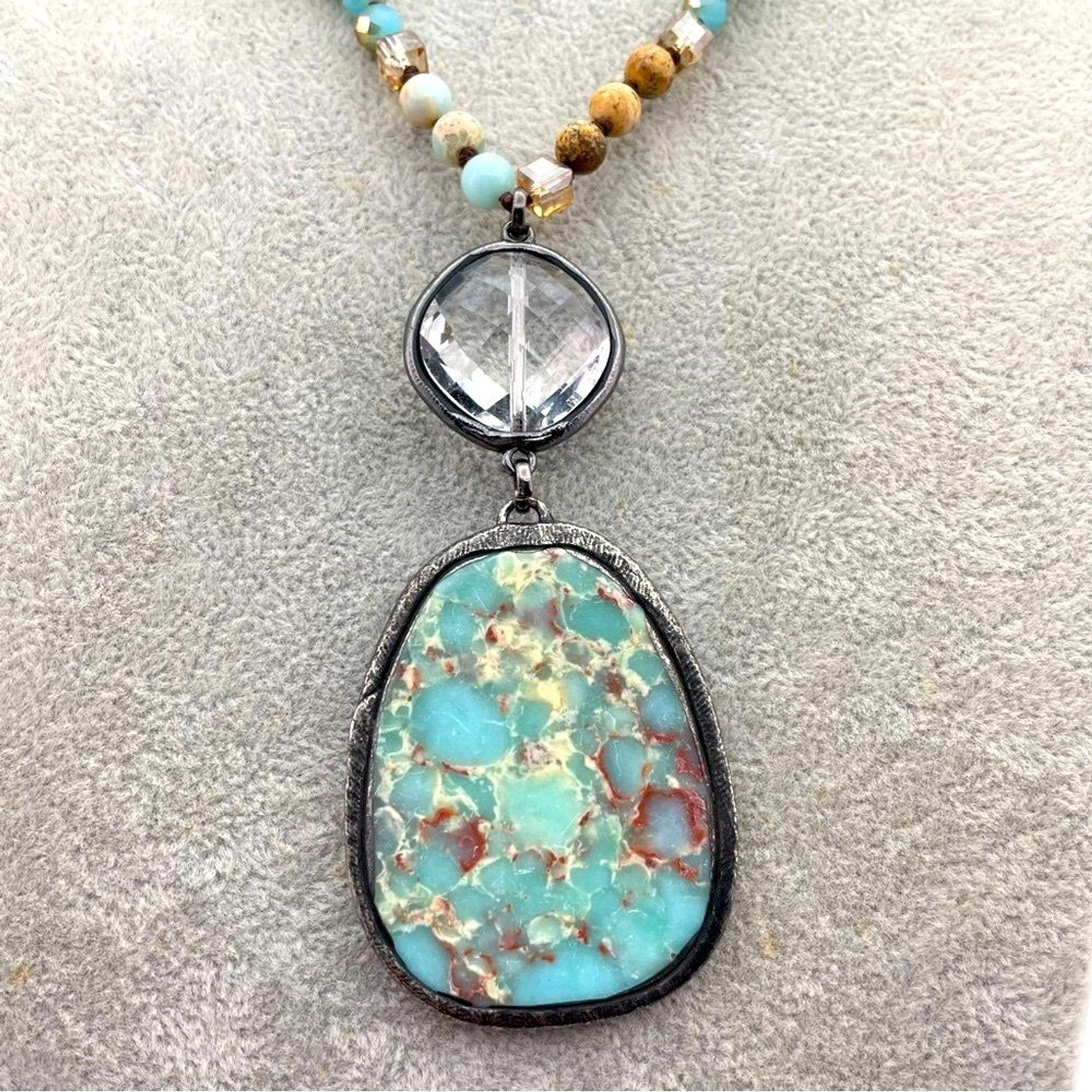 Artisan Amazonite & Jasper Beaded Necklace w/ Turquoise Matrix Pendant