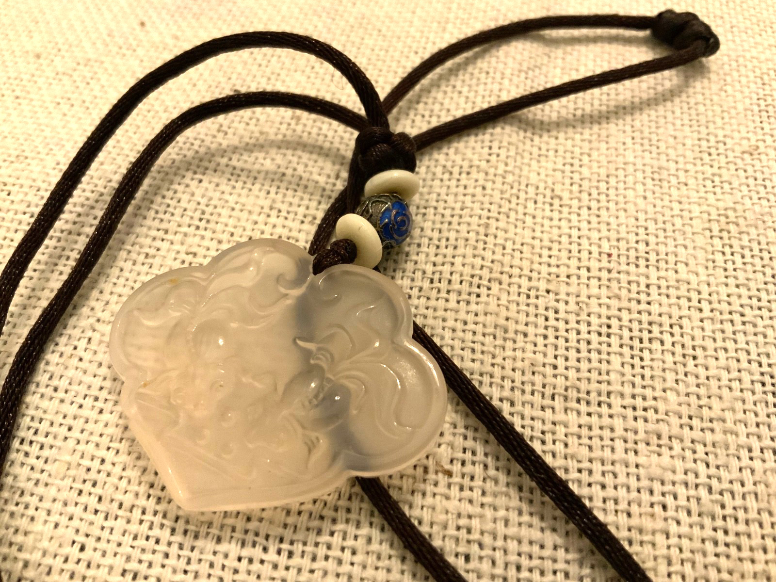 Vintage Jade translucent Phoenix pendant blue cloisonné bead cord necklace