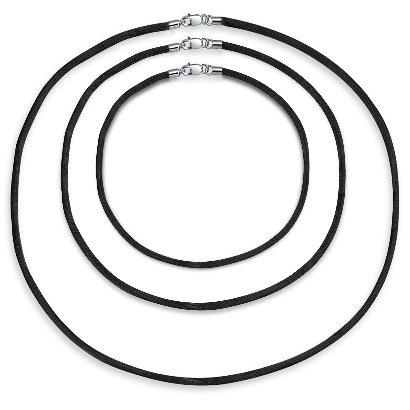Set of 3 Soft Satin Silk Cord Necklace Sterling Silver Clasp Multiple Lengths