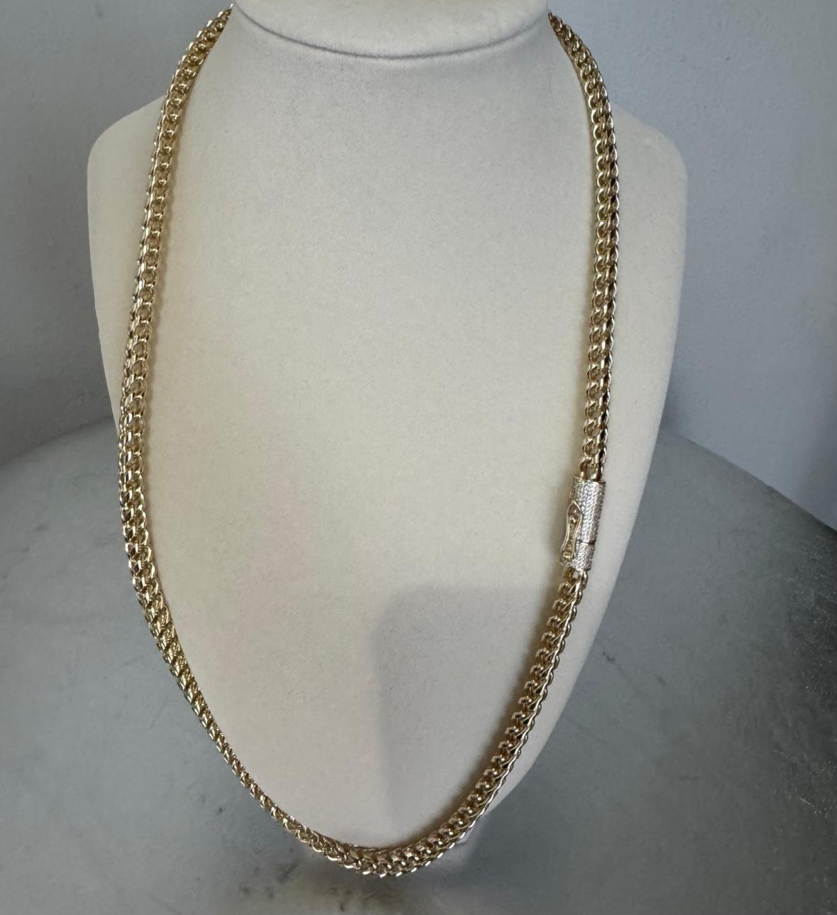 14k Yellow Gold plated franco Necklace Pavé Moissanite Box Clasp14k 6mm 24inch