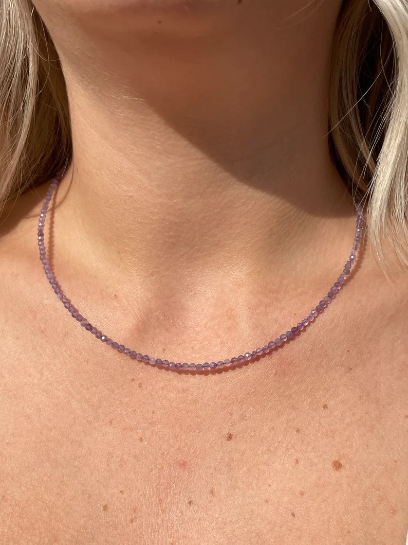 Amethyst 2mm Crystal Gemstone Faceted Beads Minimalist Dainty Choker Necklace