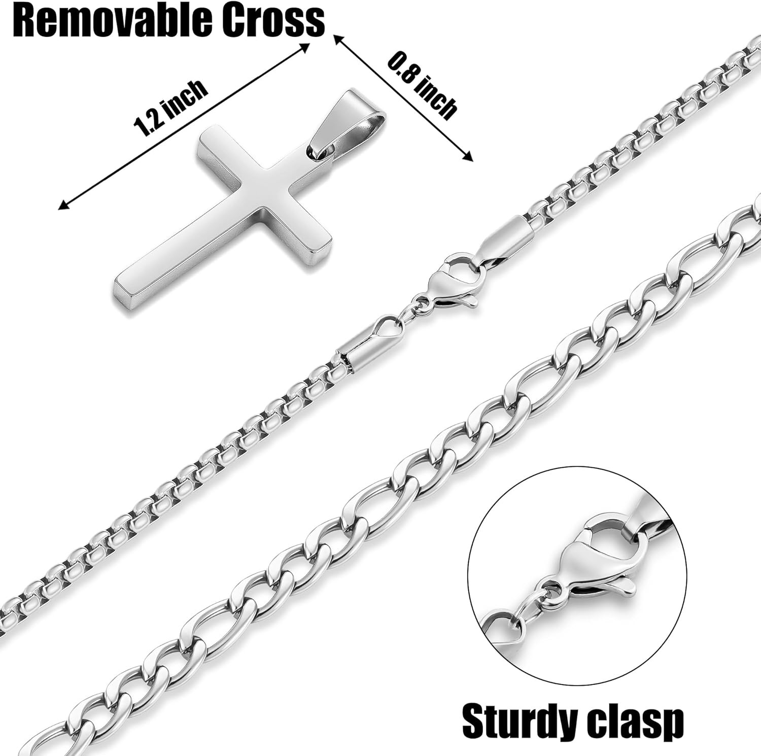 2 Pcs Cross Necklace Chain for Men, Stainless Steel Pendant | Layered Cross Chai
