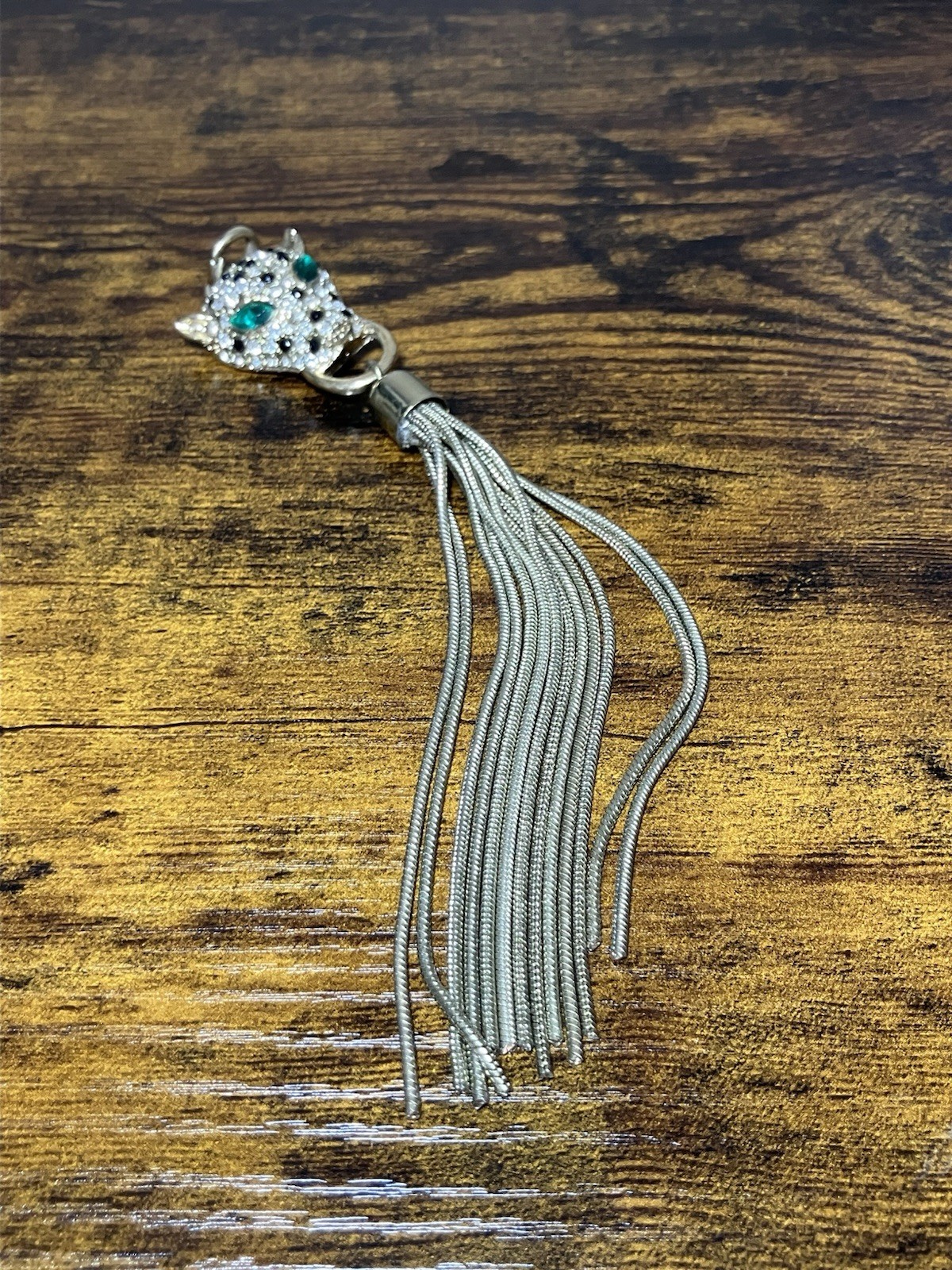 Apt 9 Cat Panther Simulated Crystal Silver Tone Pendant with Tassel 6.5 in.