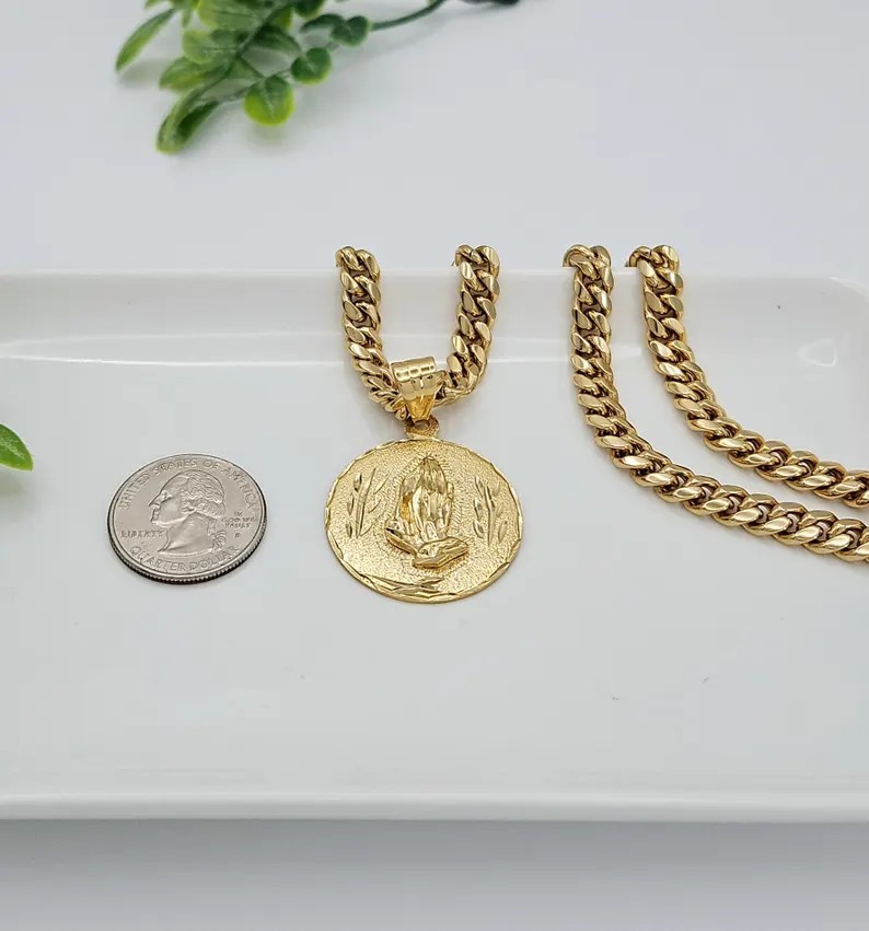 Gold Praying Hands Necklace, 7mm Curb Style Chain, 14k Heavy Plated Gold