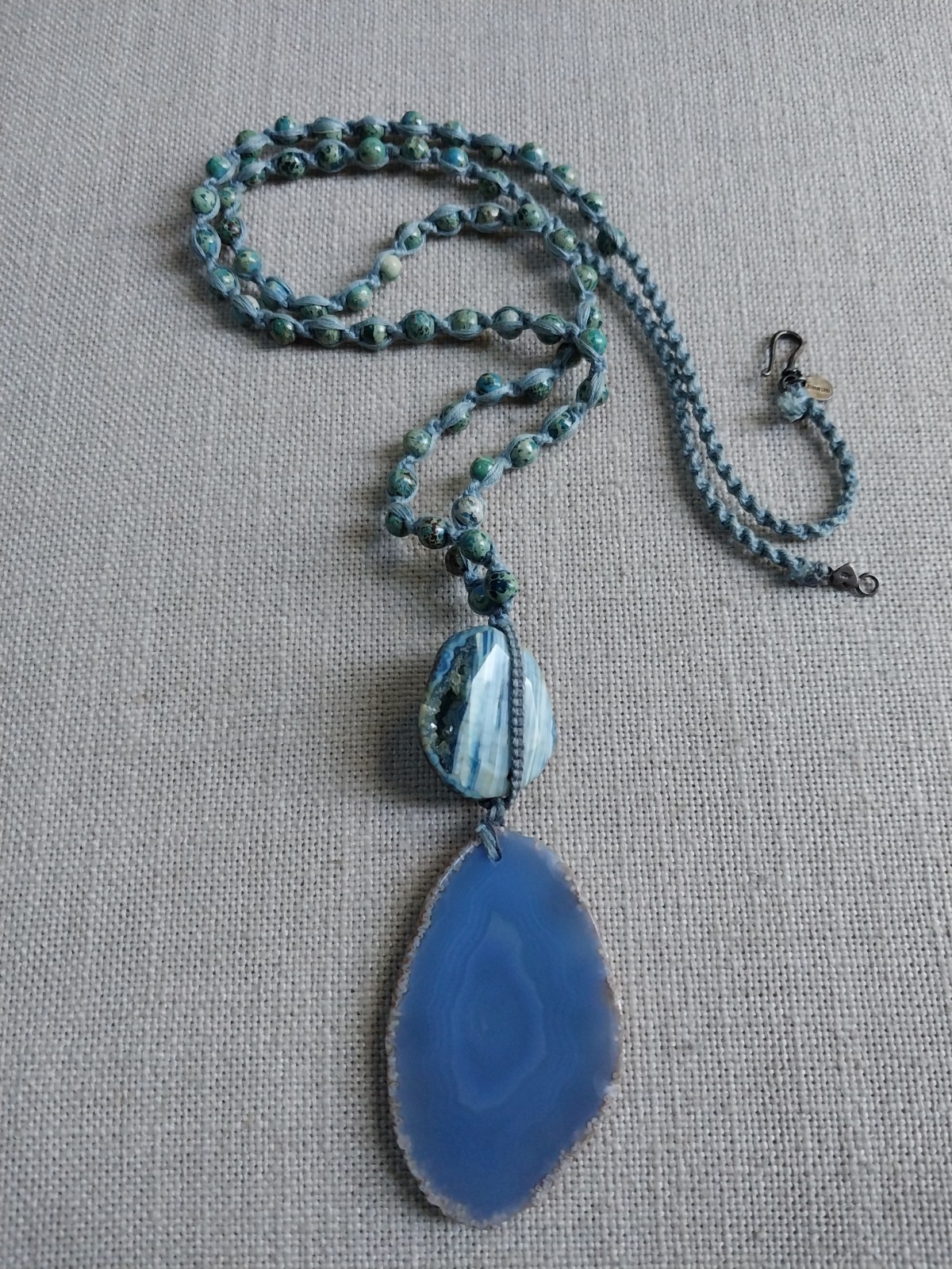CHAN LUU Necklace Blue Agate Stone With Sliced Pendant And Sterling Clasp