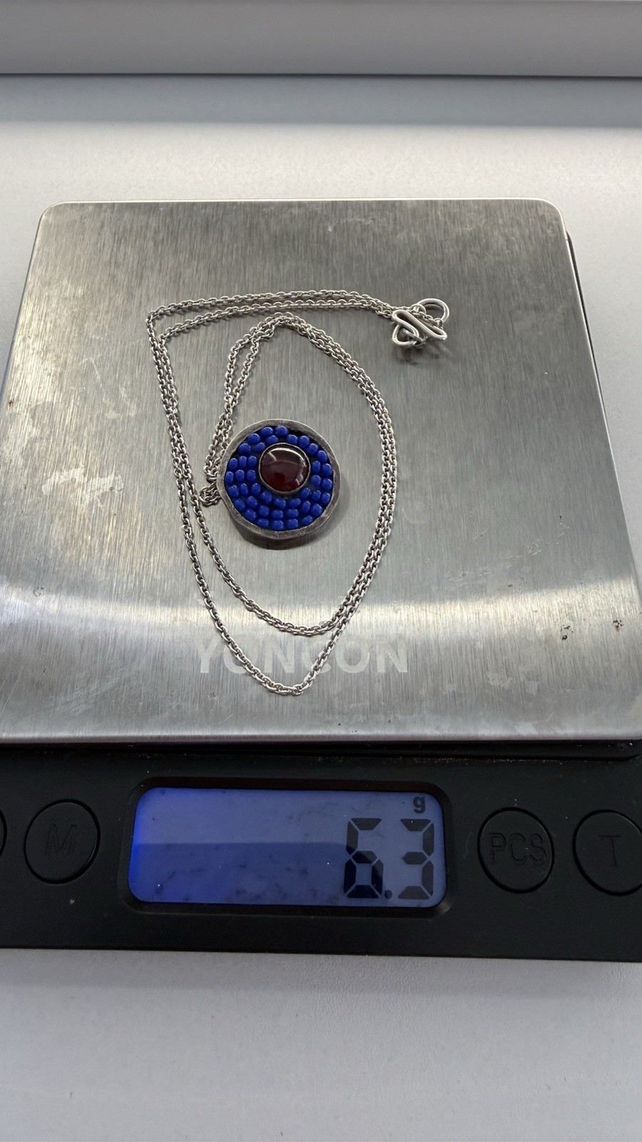 925 Italy Sterling Silver Artisan Pendant Necklace Red Cabochon Blue Beads