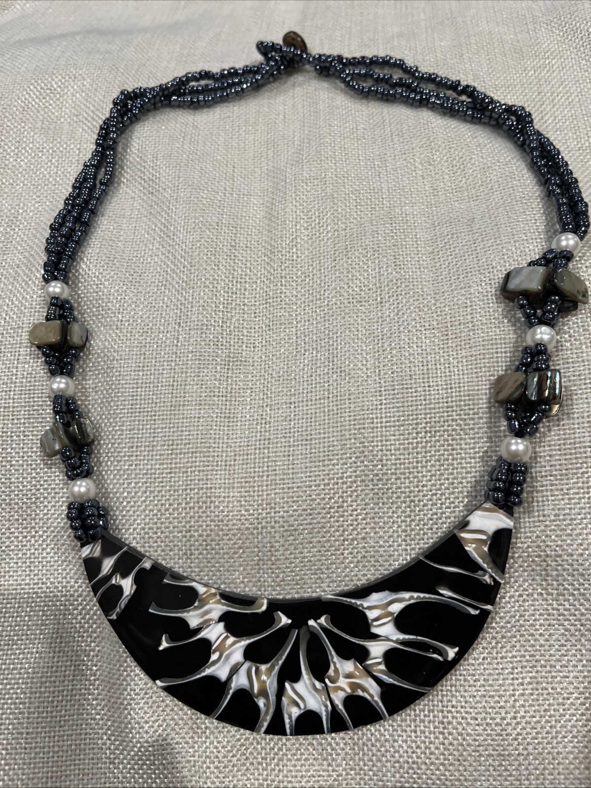 Black Beaded Moon Shell Multi Strand Necklace 12 X 5