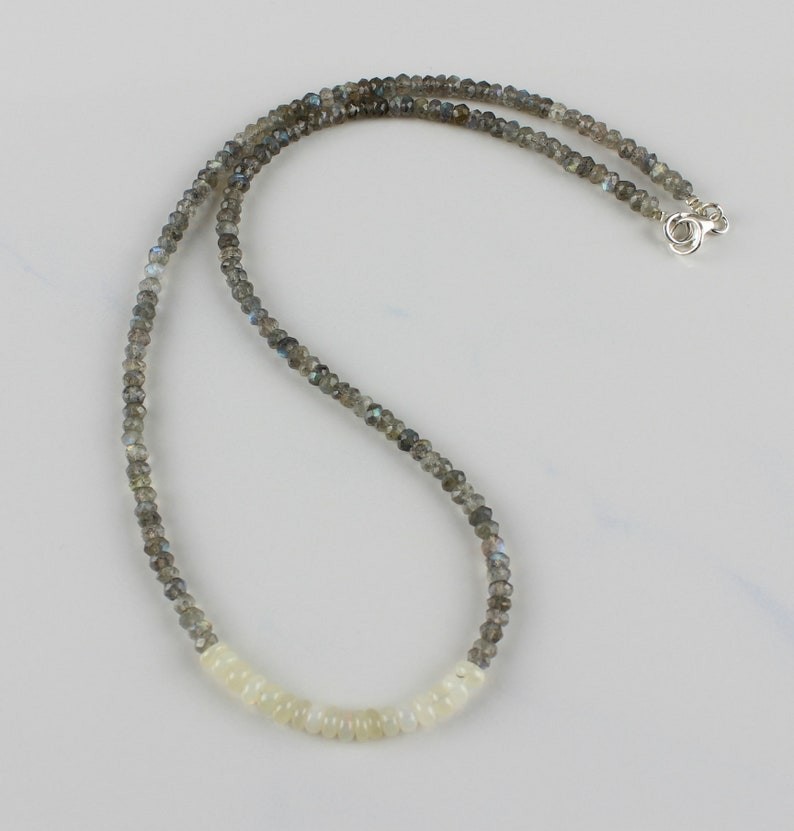 Fire Opal & Labradorite 2 Faceted Rondelle Gemstone Beaded Handmade Necklace 18″