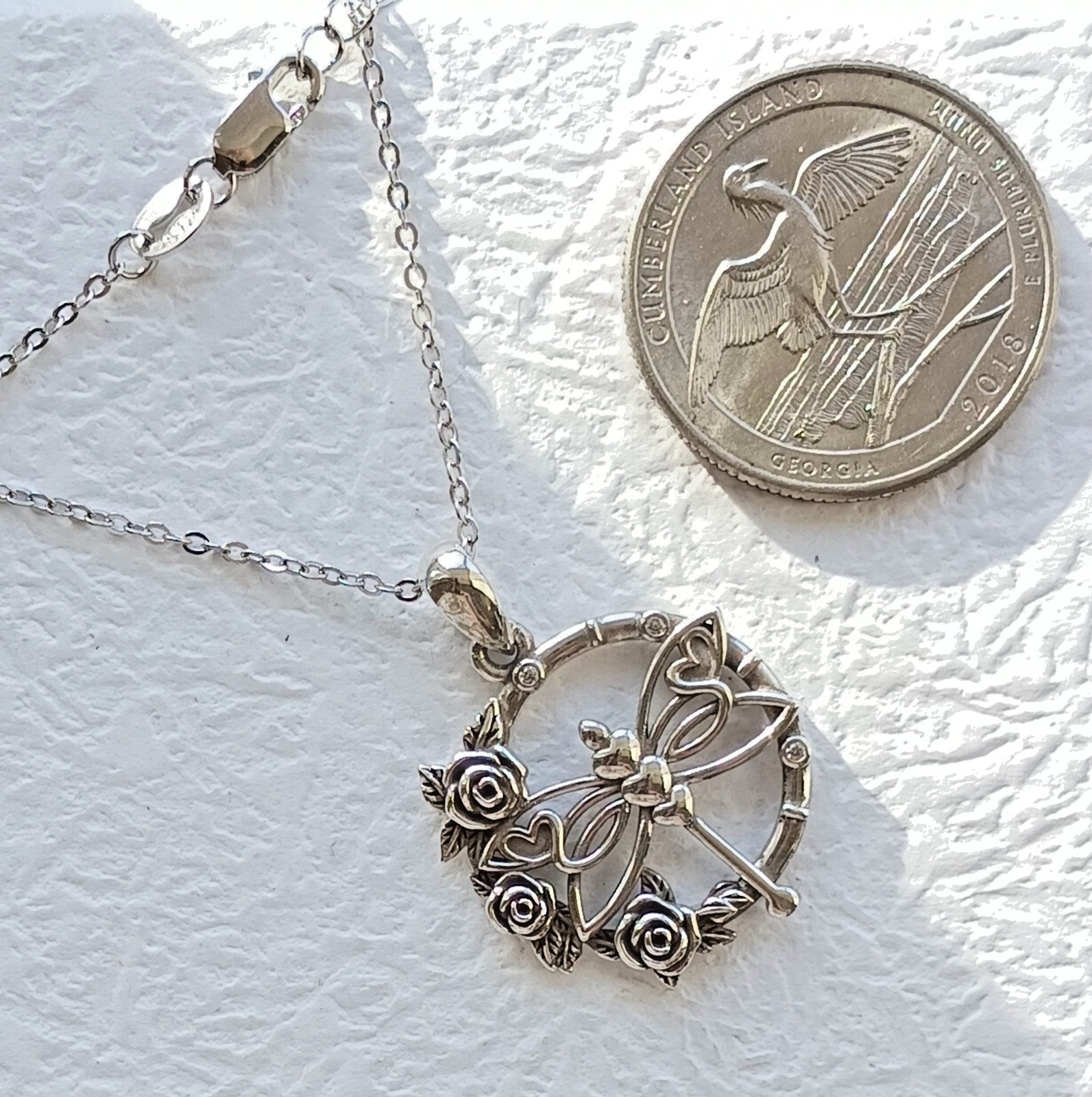 US Seller, Sterling Silver 925 Hearts & Flowers Dragonfly Compass, 18+2″ Chain