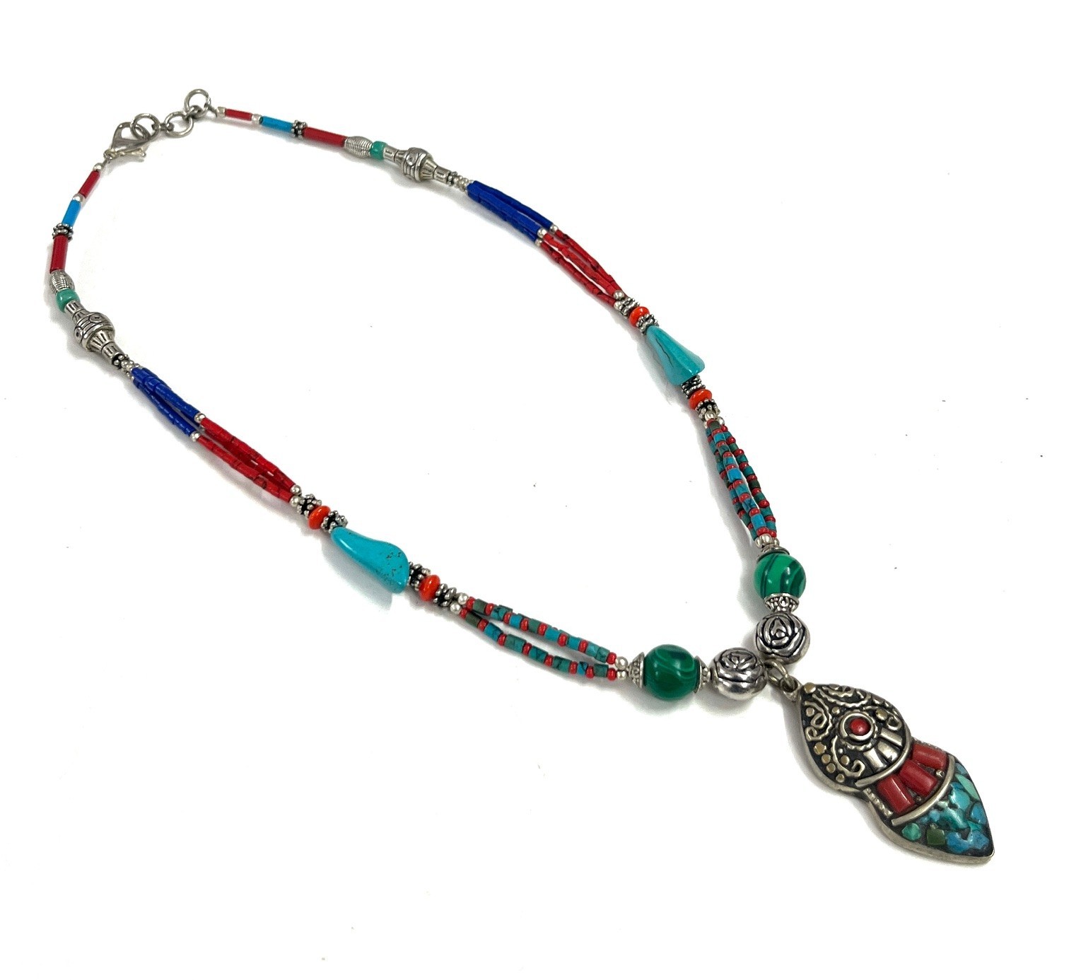 Vintage Coral Turquoise Gemstone Tibetan Style Necklace Jewelry, 17 Inch Adjs