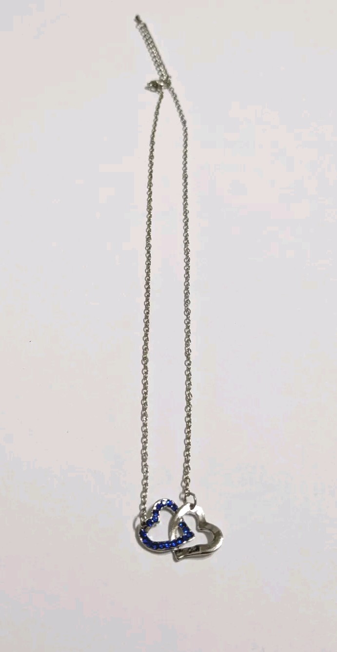 Interlinked Hearts Blue Rhinestones & Silver Tone Pendant Necklace. 16″. 2″ Ext.