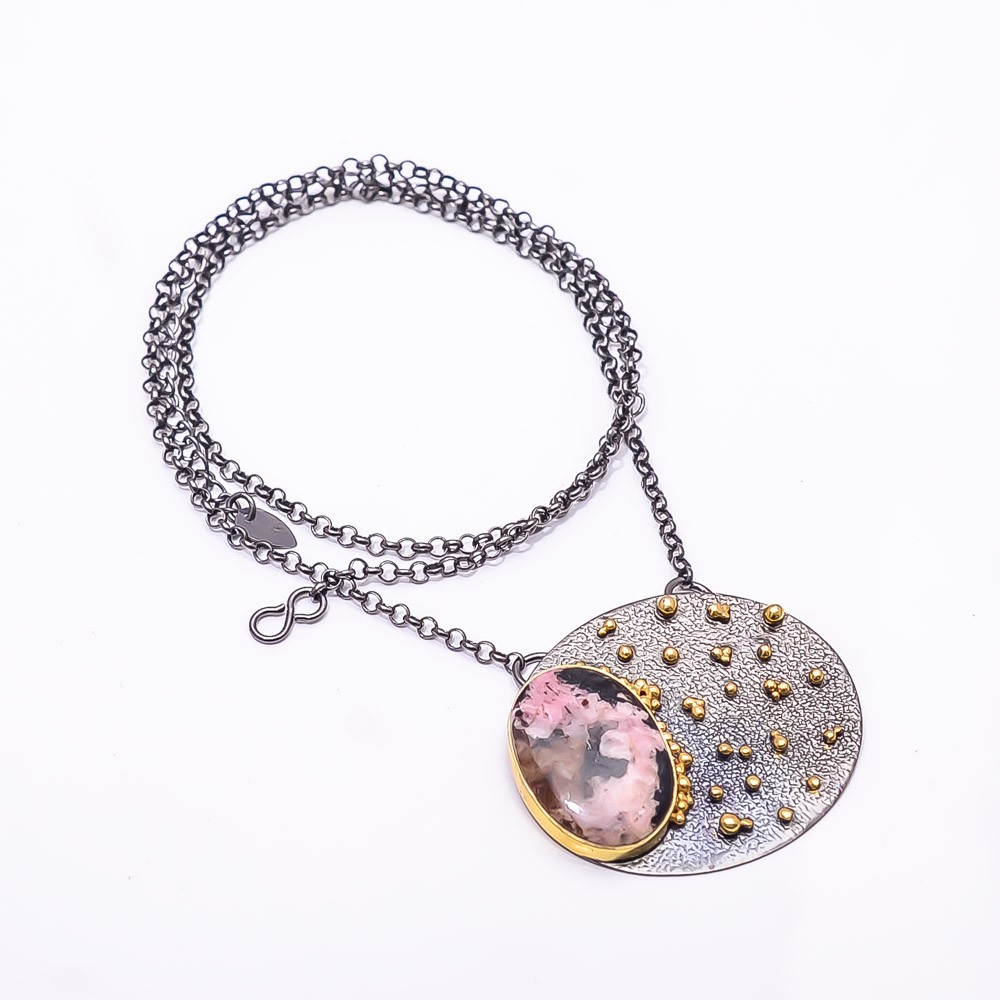 Black Manganese In Rhodonite & Gold Rhodium 925 Silver Tennis Necklace 19.99″ N7