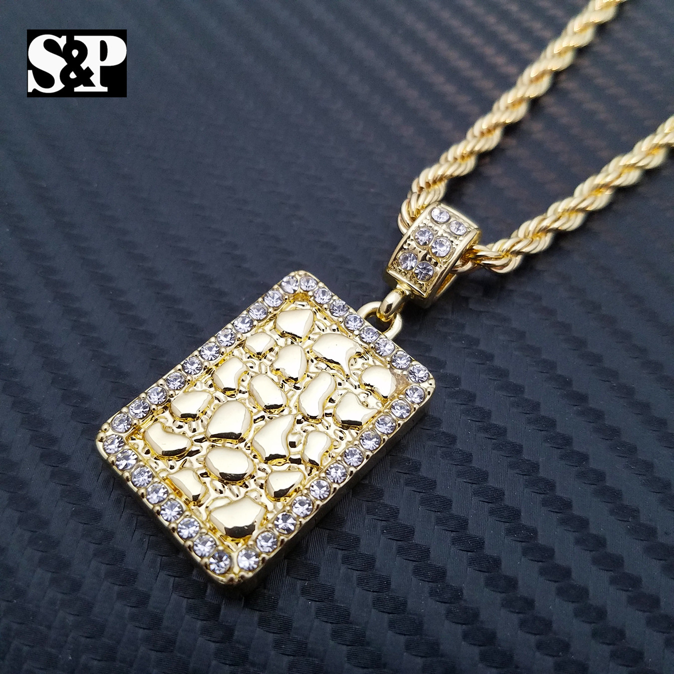 Hip Hop Iced Gold Plated Golden Nugget Bar Pendant & 24″ Rope Chain Necklace