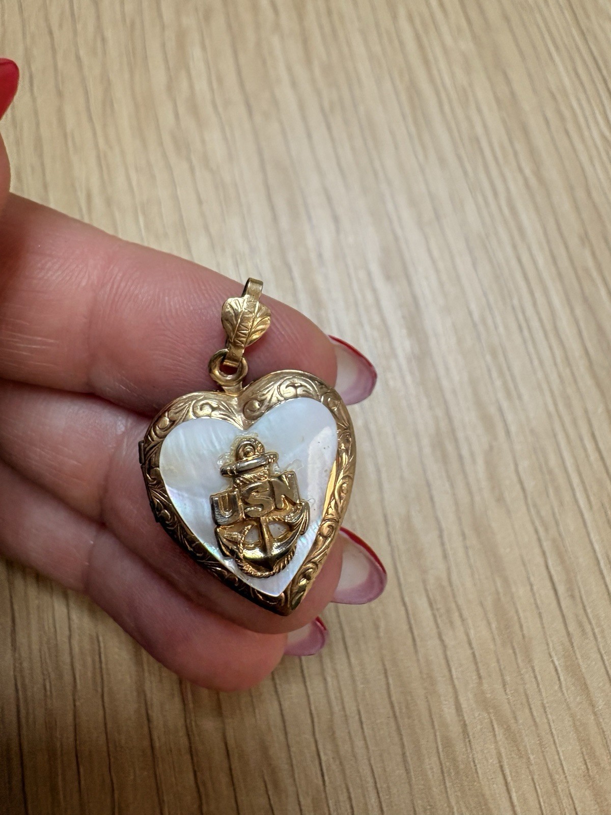 Vintage Yellow Gold Heart Mother of Pearl USN Anchor Nautical Charm Pendant