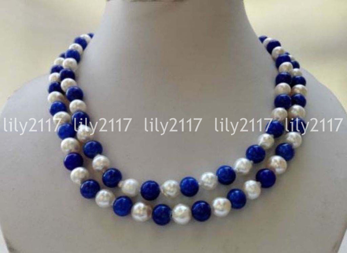 Natural 9-10mm white Pearl 10mm Blue Lapis Lazuli Gems beads Necklace 36”