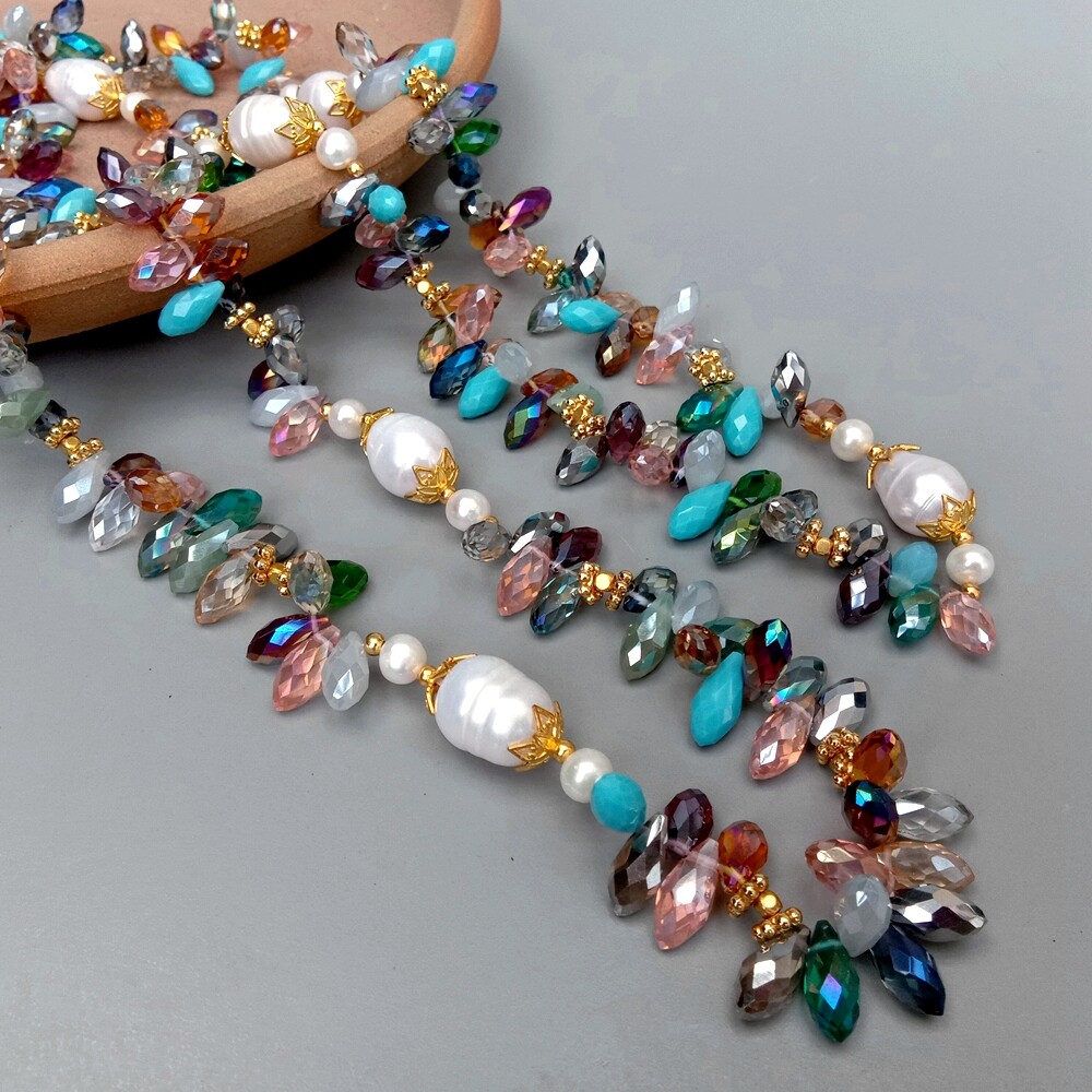 Cultured Freshwater White Rice Pearl Multi Color Crystal Long Necklace 49″