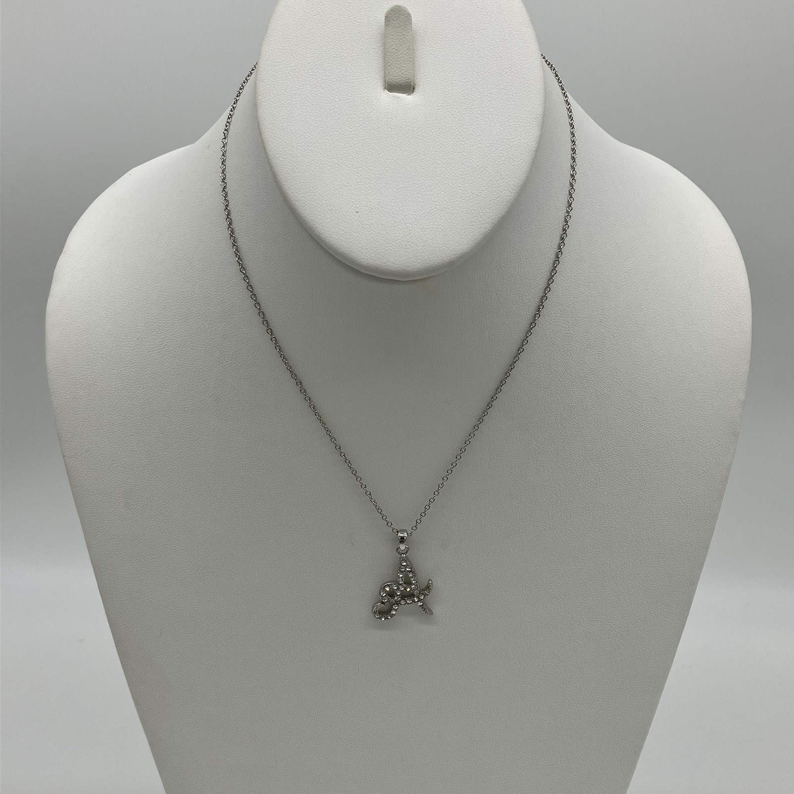 Silver Tone Initial A Necklace 16 in Clear Crystal Rhinestone Dainty Pendant