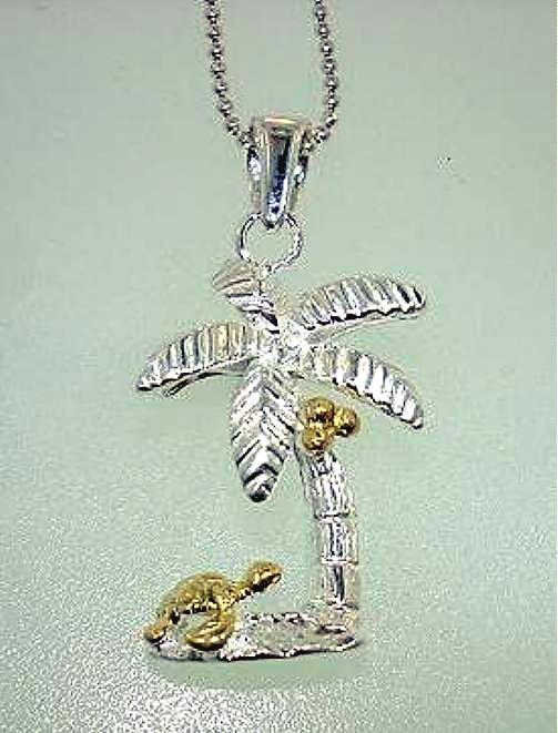 15mm Yellow Gold Plated 925 Silver Hawaiian Coconut Palm Tree Turtle Pendant
