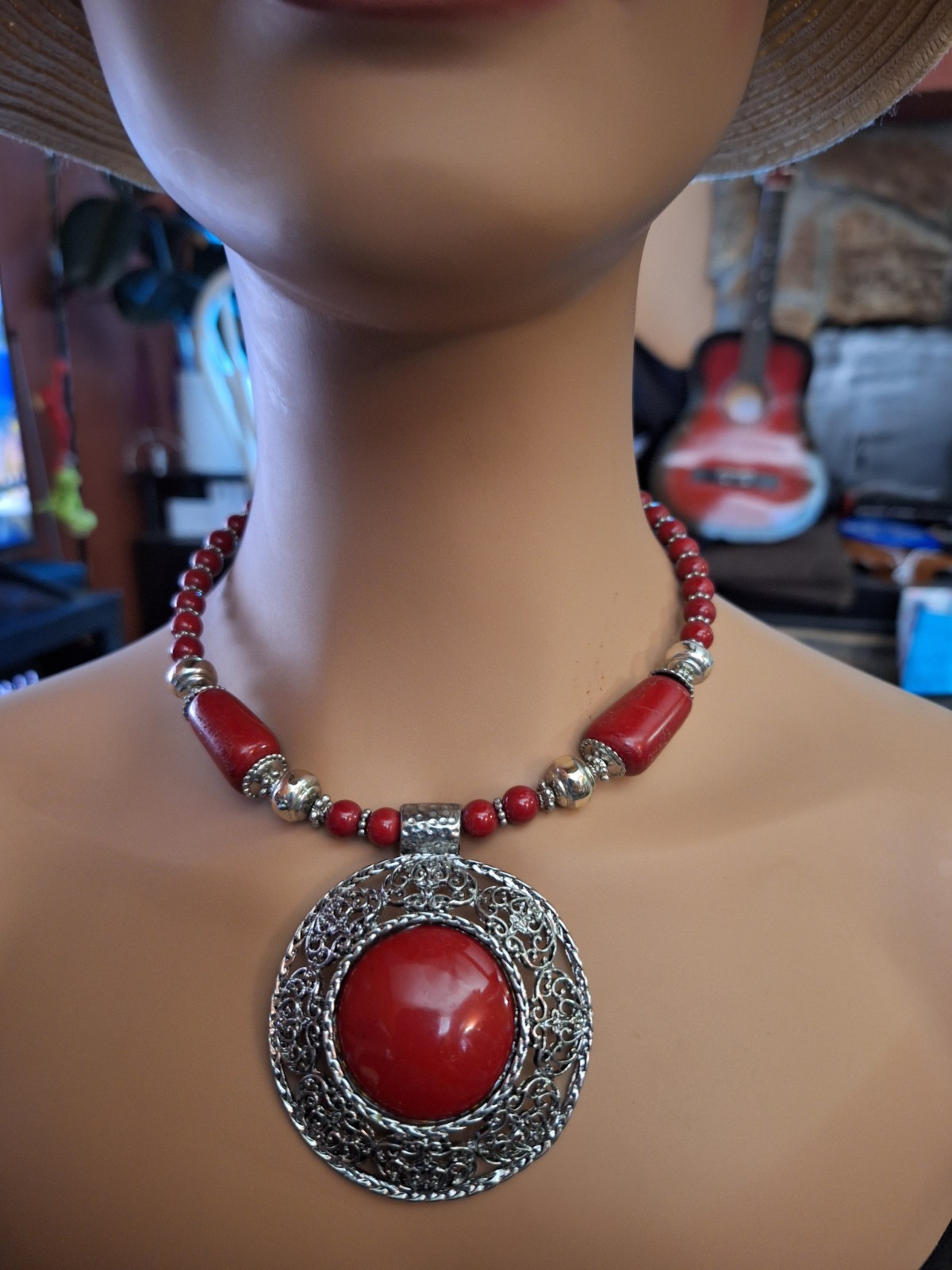 Red Round Pendant Acrylic Red Beads Casual Party Beach Statement Necklace