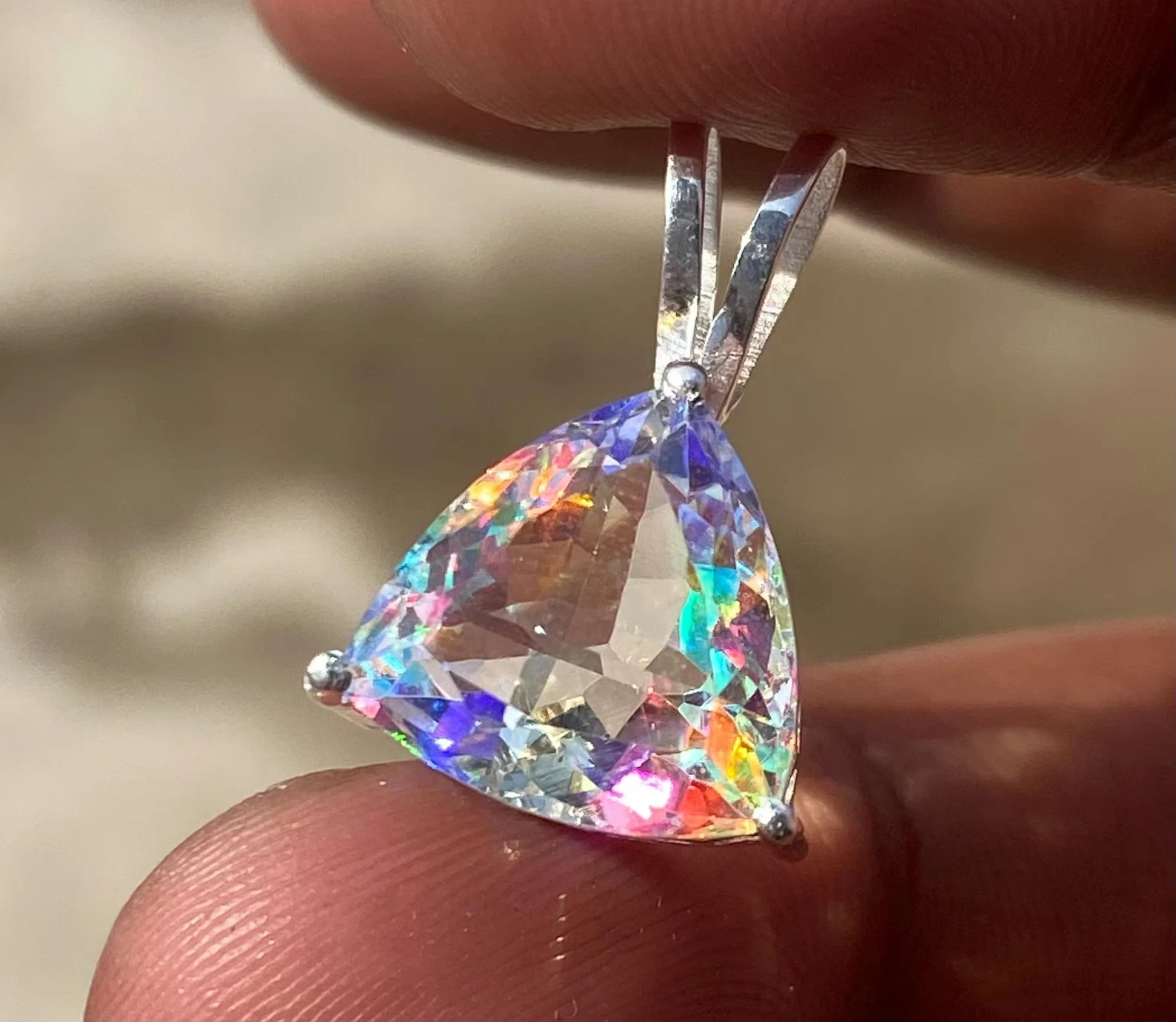 Magical Trillion Cut Mystic Topaz 35 Ct Sterling Silver Rainbow Pendant Gemstone