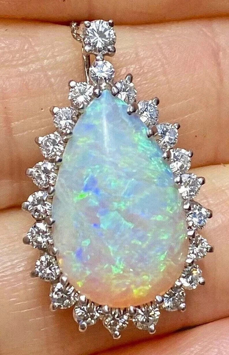 4Ct Pear Cut Fire Opal Diamond Halo Women Pendent 14K White Gold Plated
