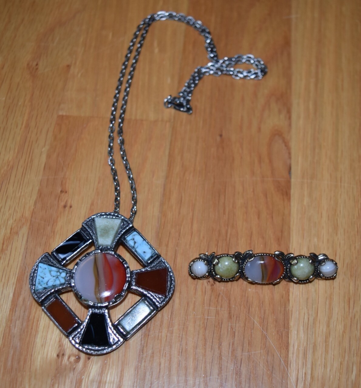 Lot of 2 Miracle Brooch & Celtic Cross Pendant Necklace Pin Faux Agate England