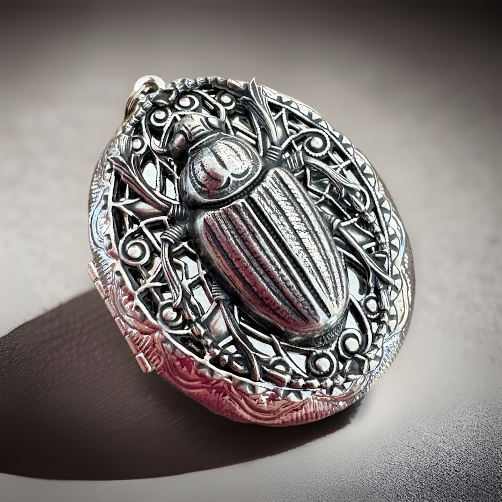 Scarab Beetle Locket Necklace, Memorial Ashes Photo Keepsake Art Nouveau Pendant