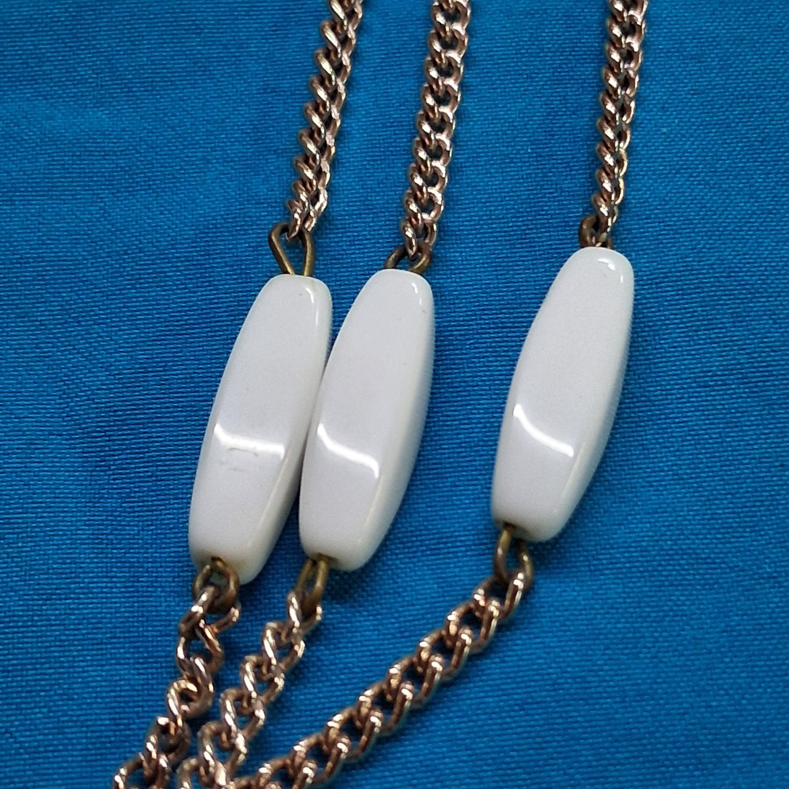 Vintage West Germany Marked White Polished Stone 3-Tier Gold Tone Necklace