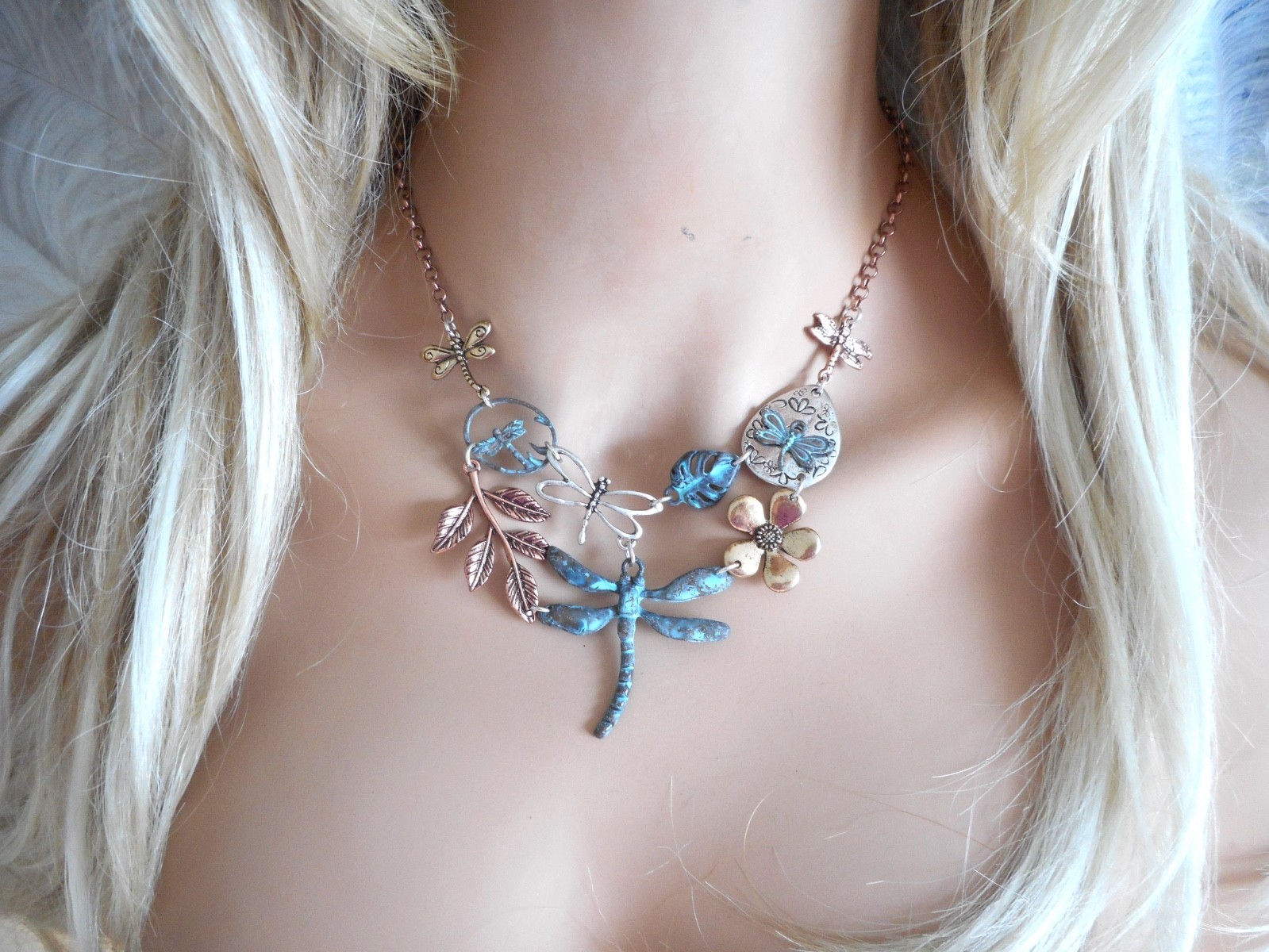 New Dragonfly & Daisies Earrings & Necklace Set Artistic Flowered Copper
