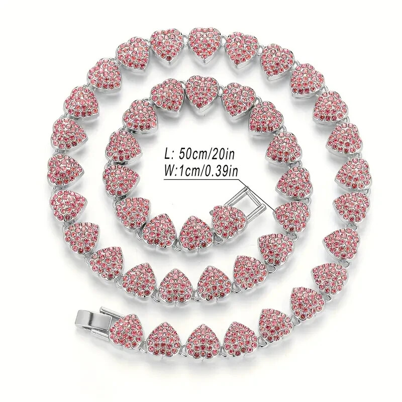 Women Necklace & Bracelet Iced Heart Chain Bling Pink Cubic Zirconia Silver Tone
