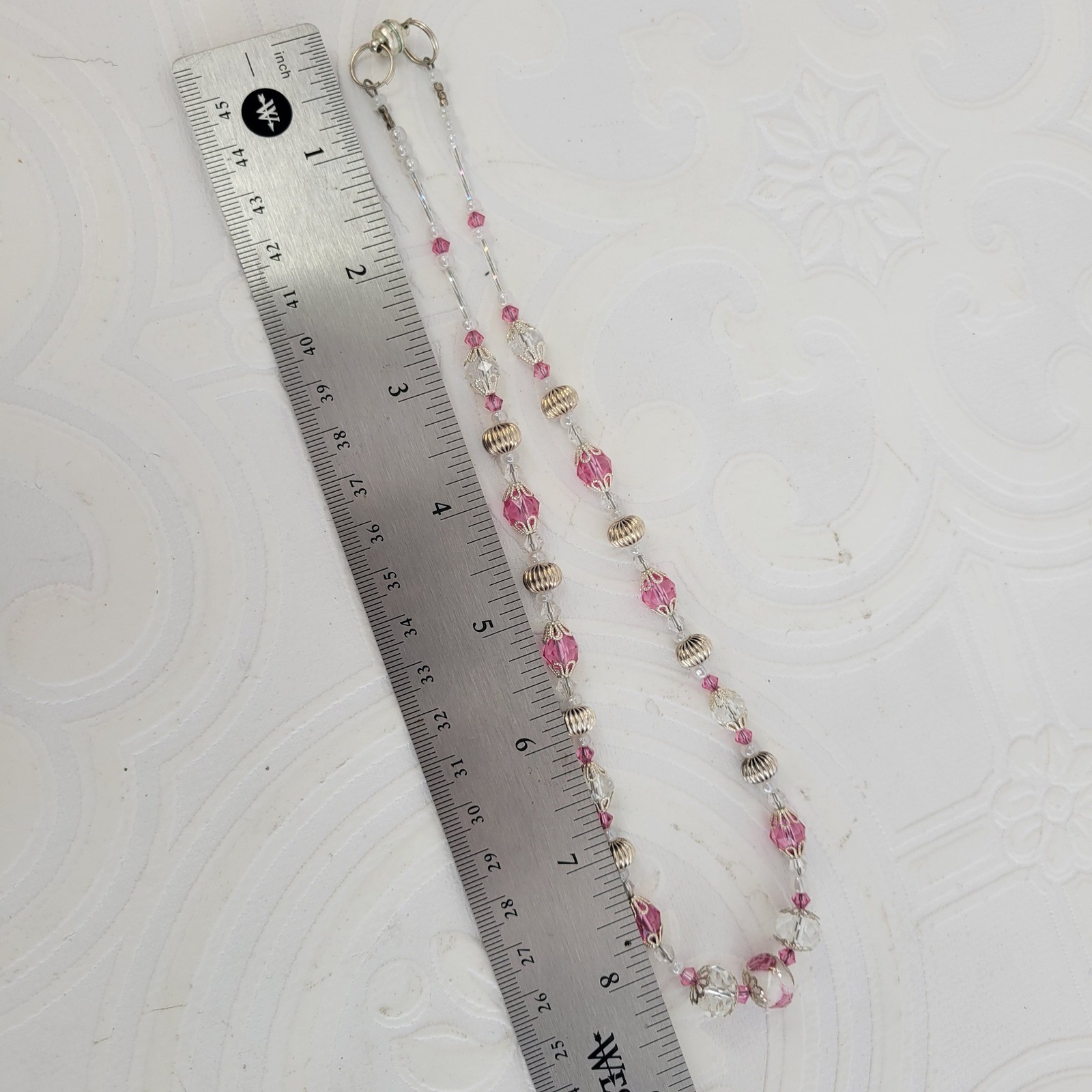 Lampwork Beaded Necklace Pink Crystal Floral Silver Tone Magnetic Clasp 18 Inch