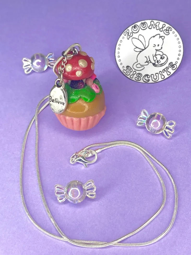 Mushroom fairy house cupcake necklace handmade (polymer clay) retro and unique