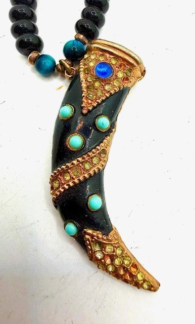 Black Gold Tone NecklaceHorn Pendant Blue Accents Black Beaded Unisex Adult