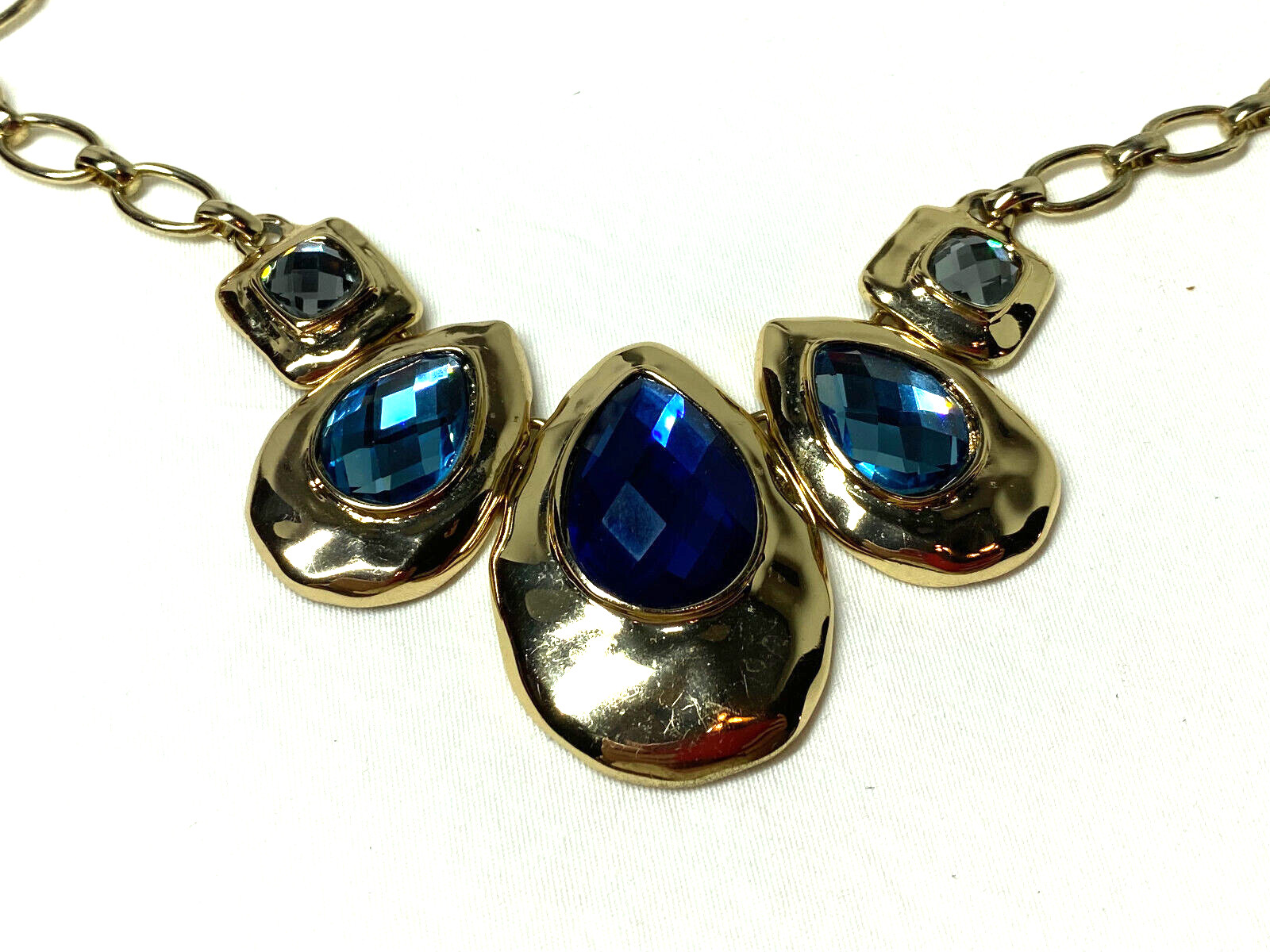 Bella Jack Gold Tone Necklace With Blue Teardrop and Square Gray Stones 21″