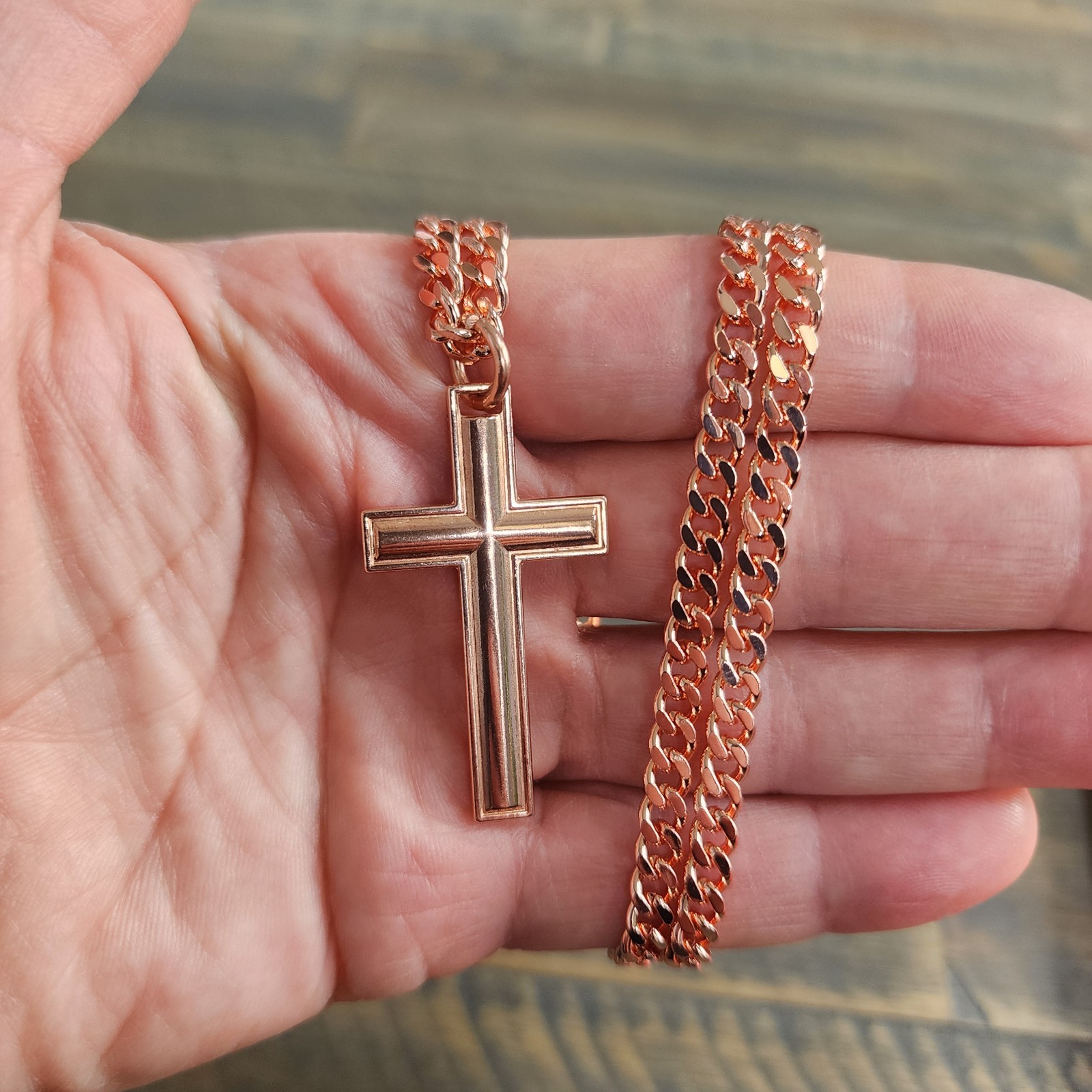 Pure Copper Cross Necklace Cuban Link 5mm, 20″ Chain, therapy Pendant