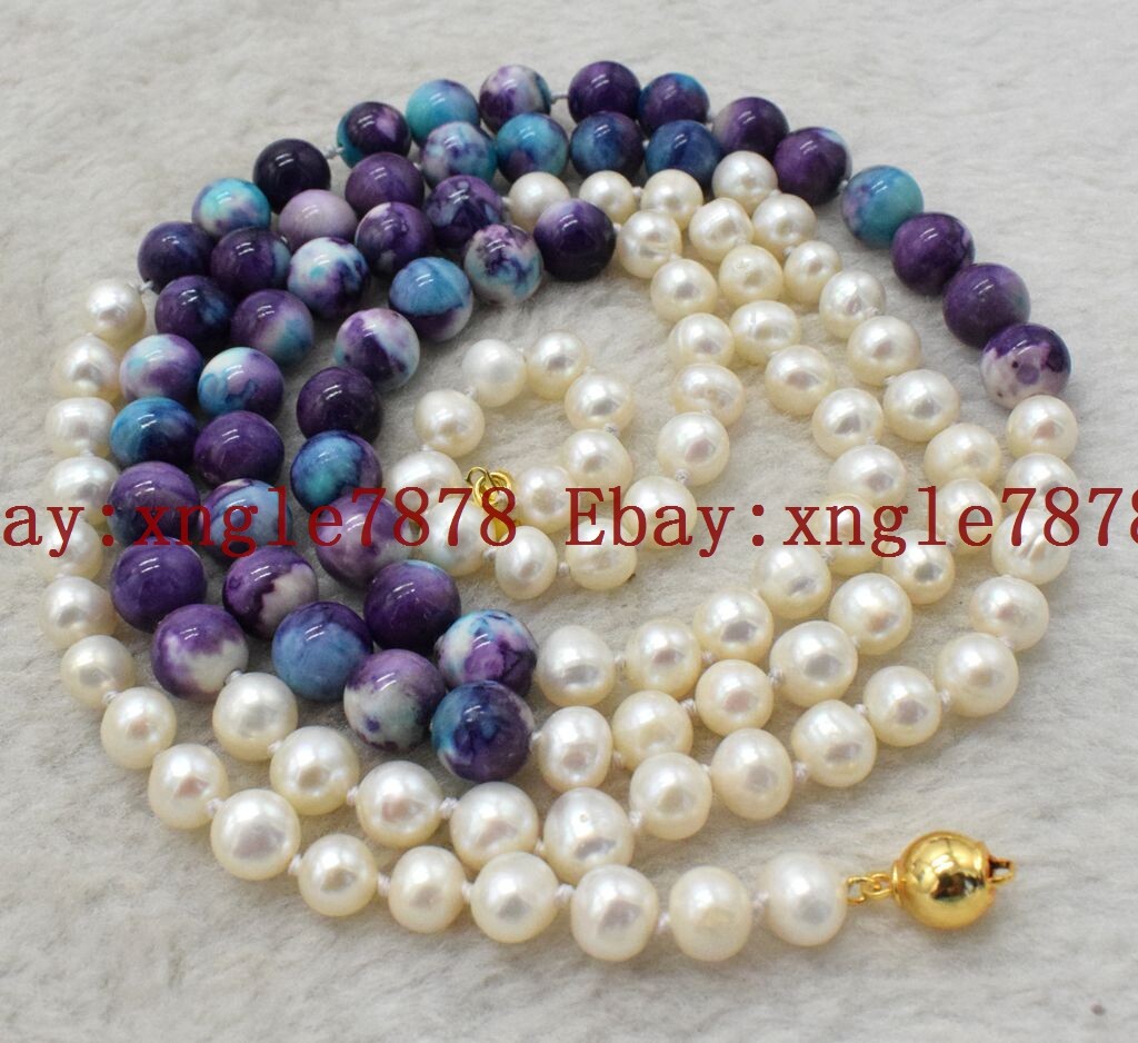 Beautiful 8mm Purple Turquoise & 7-8mm White Cultured Pearl Necklace 36”