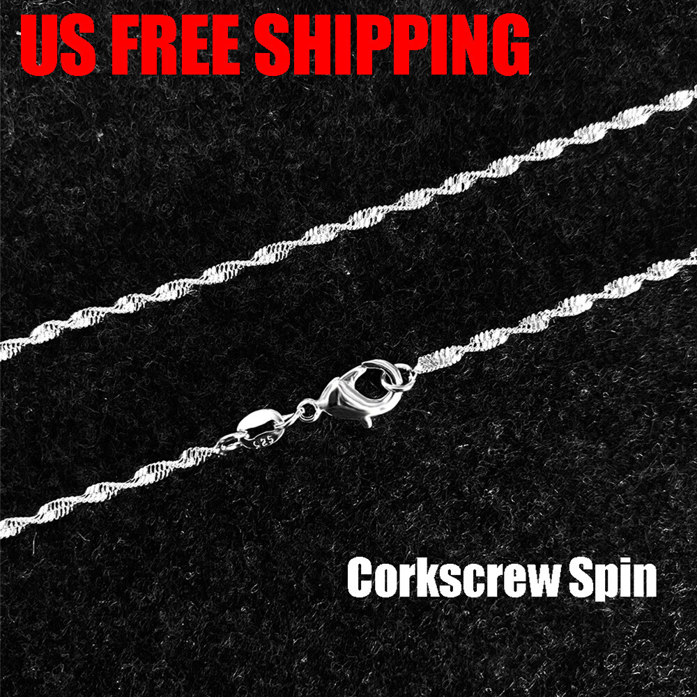 925 Silver Plated Corkscrew Spin Chain Necklace w/ Lobster Lock 16-24 inch Women