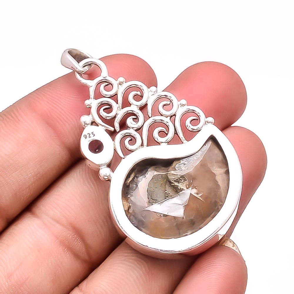 Ammonite – Fossil & Purple Amethyst – Brazil 925 Sterling Silver Pendant 2.07″