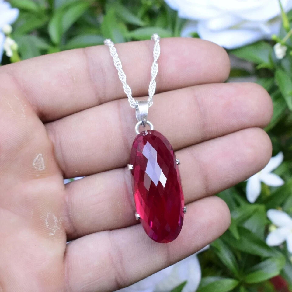 42 Ct Natural Red Ruby Pendant 925 Sterling Silver Cabochone Gemstone Jewelry