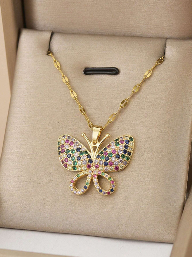 Women’s Fashion Jewelry Cubic Zircon Gold Color Butterfly Pendant Necklace Gift