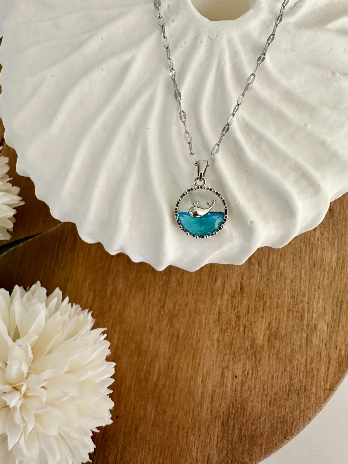 Silver Ocean Wave Necklace: Blue Resin Surfer Pendant