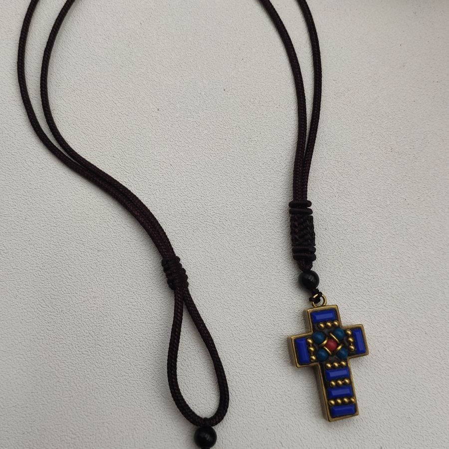 Himalayan Nepal Handmade Brass Cross Pendant Artisan Crafted With Decorative