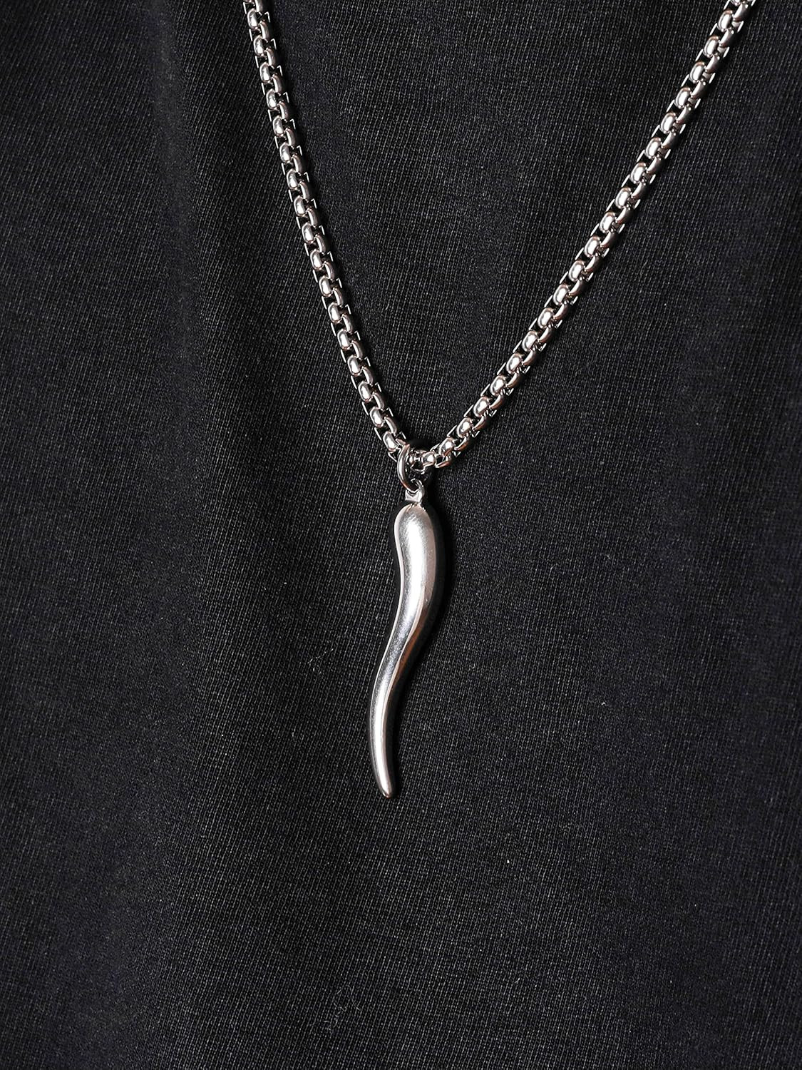 Italian Horn Necklace, Stainless Steel Cornicello Horn Amulet Charm Pendant, Box