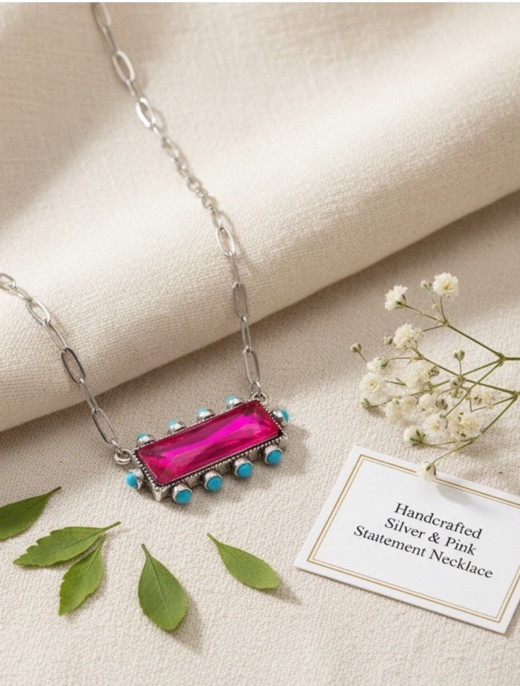 Boho Retro Hot Pink Bling & Turquoise Paperclip Necklace Glam Cowgirl Coquette