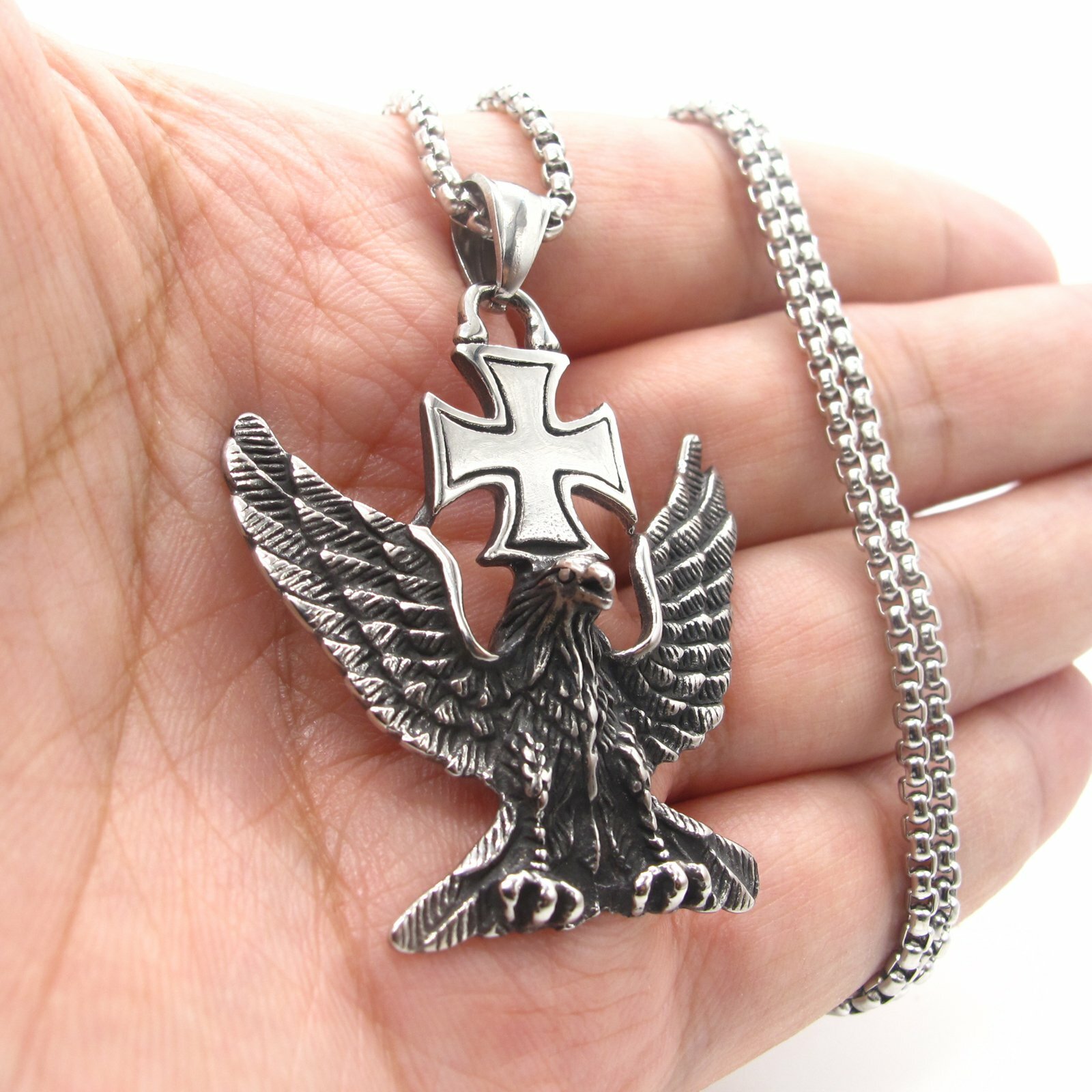 MENDEL Mens WW2 Germany Iron Cross Biker Eagle Pendant Necklace Stainless Steel