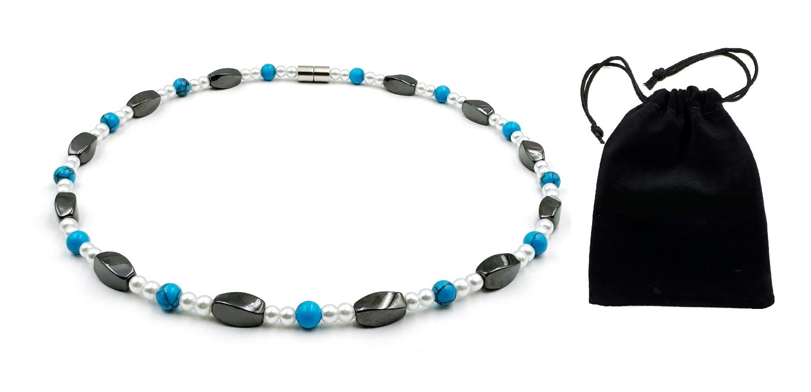 Pearl and Turquoise Magnetic Necklace with All Hematite Magnetic Beads for Women
