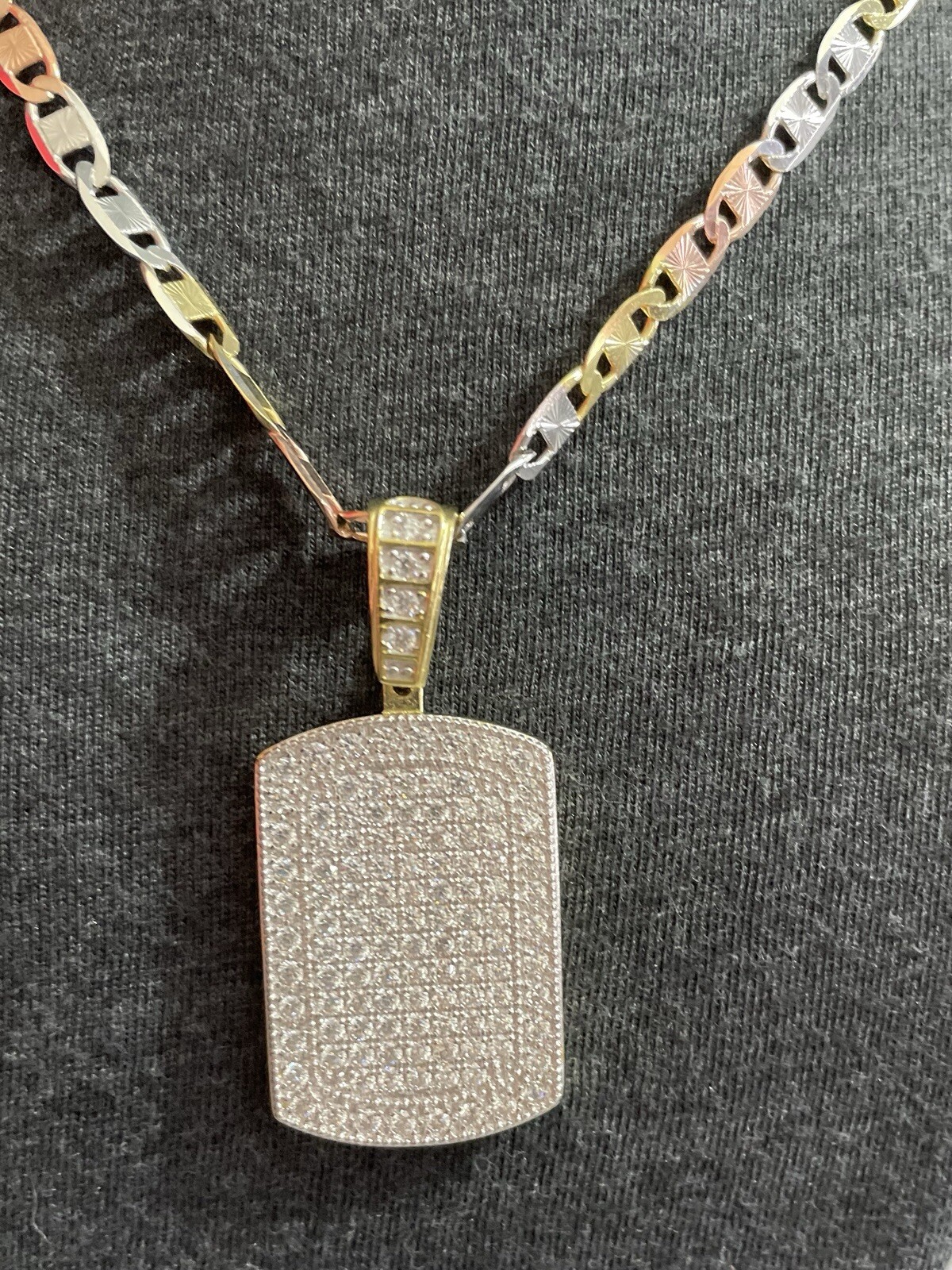 Tricolor Valentino Chain 22“ 14K/Sterling Silver CZ Encrusted Dog Tag Pendant ￼
