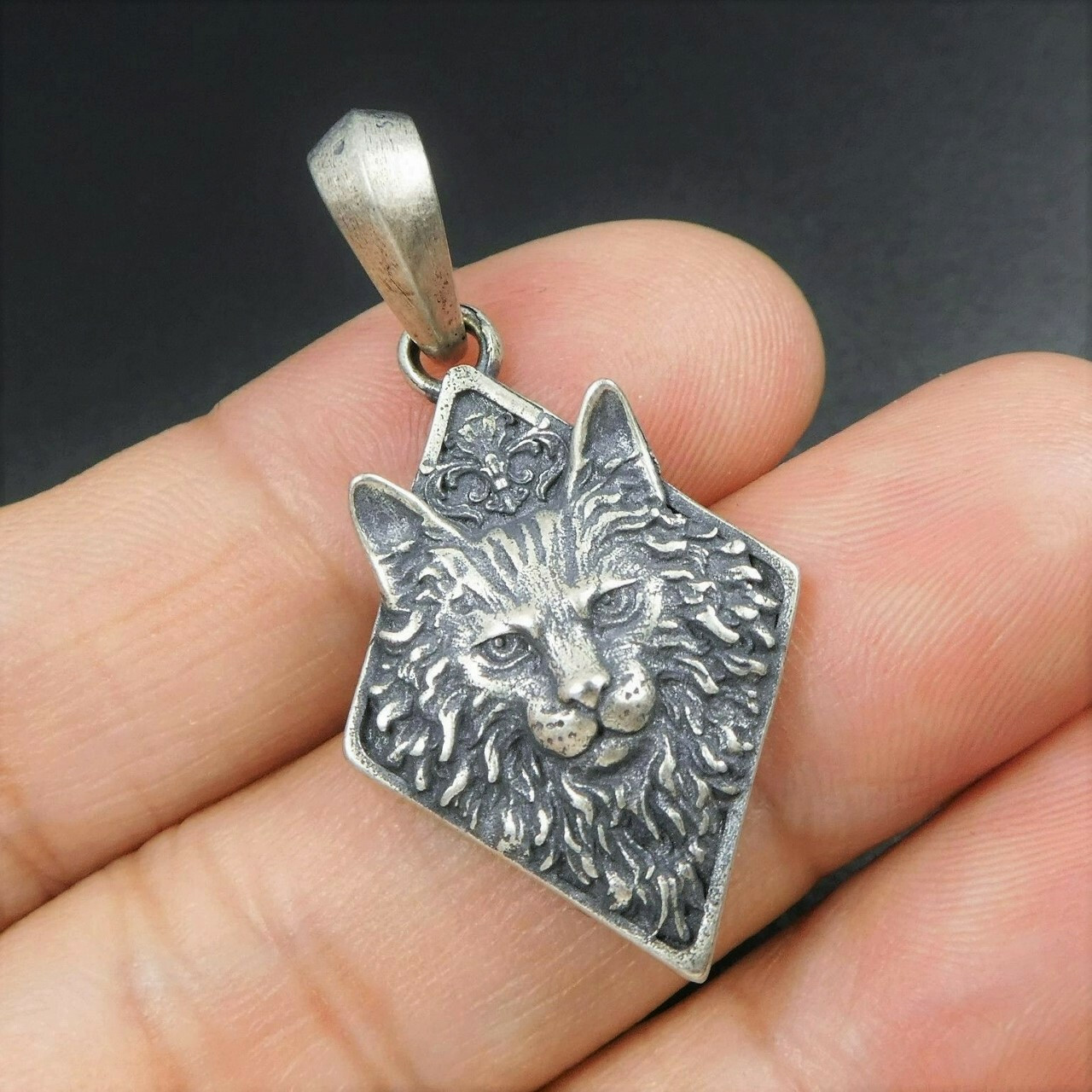 Antiqued Solid 925 Sterling Silver Maine Coon Cat Charm Pendant Unique Cool Gift