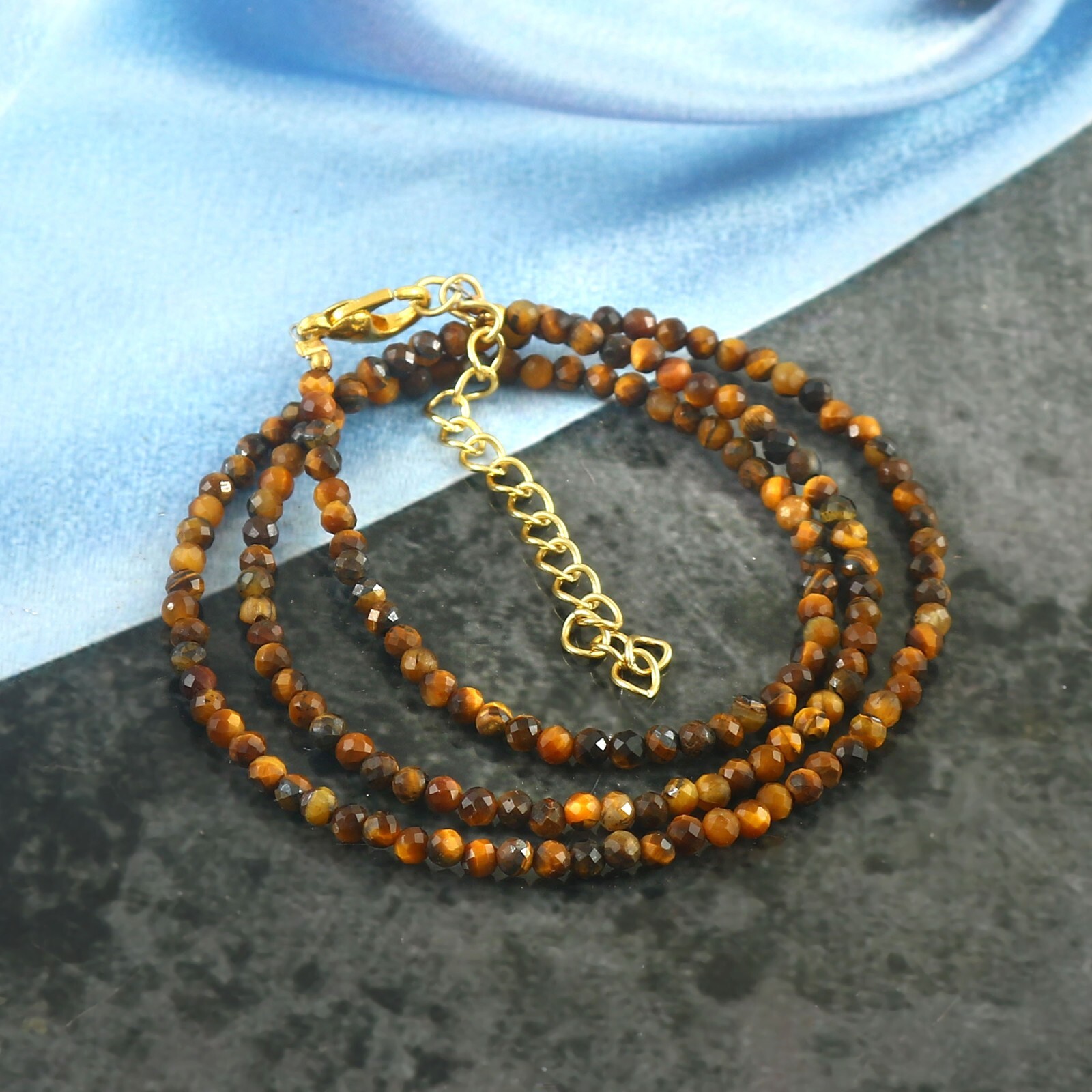 Natural Tiger’s Eye Beaded Necklace, 2-2.5mm Tiger’s Eye Faceted Round Necklace