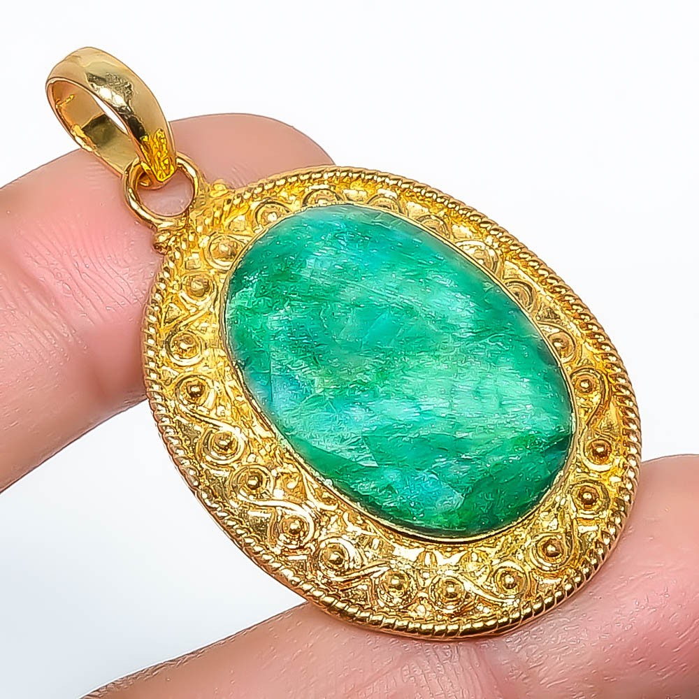 Emerald (Lab-Created) Gemstone 925 Silver Gold Plated Pendant 1.95″ P7622-212
